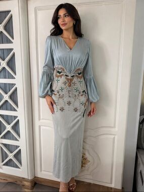 Elegant Light Blue Embellished Long Sleeve V-Neck Dress